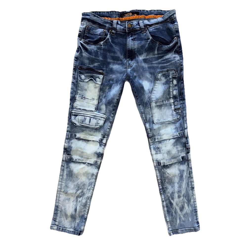 Copper Rivet Jeans Acid-Wash Cargo Blue Utility Denim Skinny Leg Men's Sz 32x30